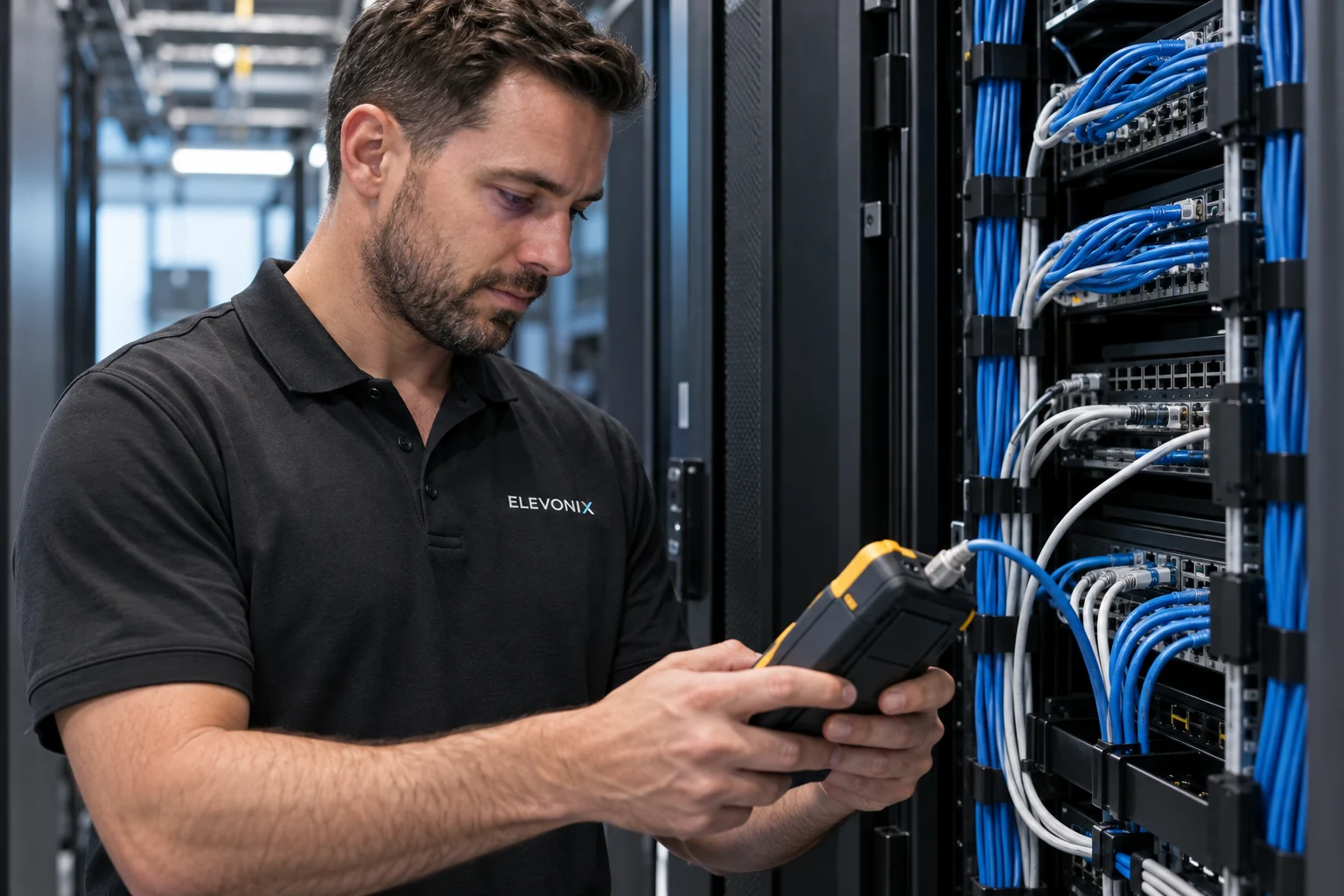 Τεχνικός Elevonix ελέγχει δικτυακό patch panel — εικόνα AI